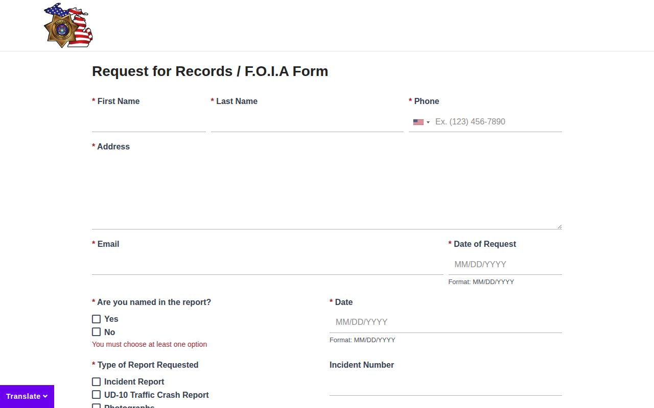 Kalkaska County Sheriff online records and FOIA request form