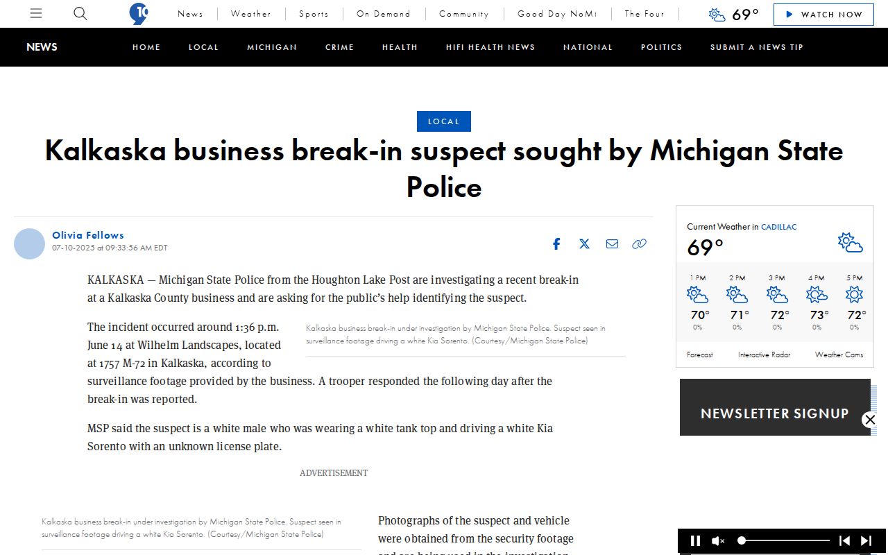 Kalkaska County MSP crime report with security imagery