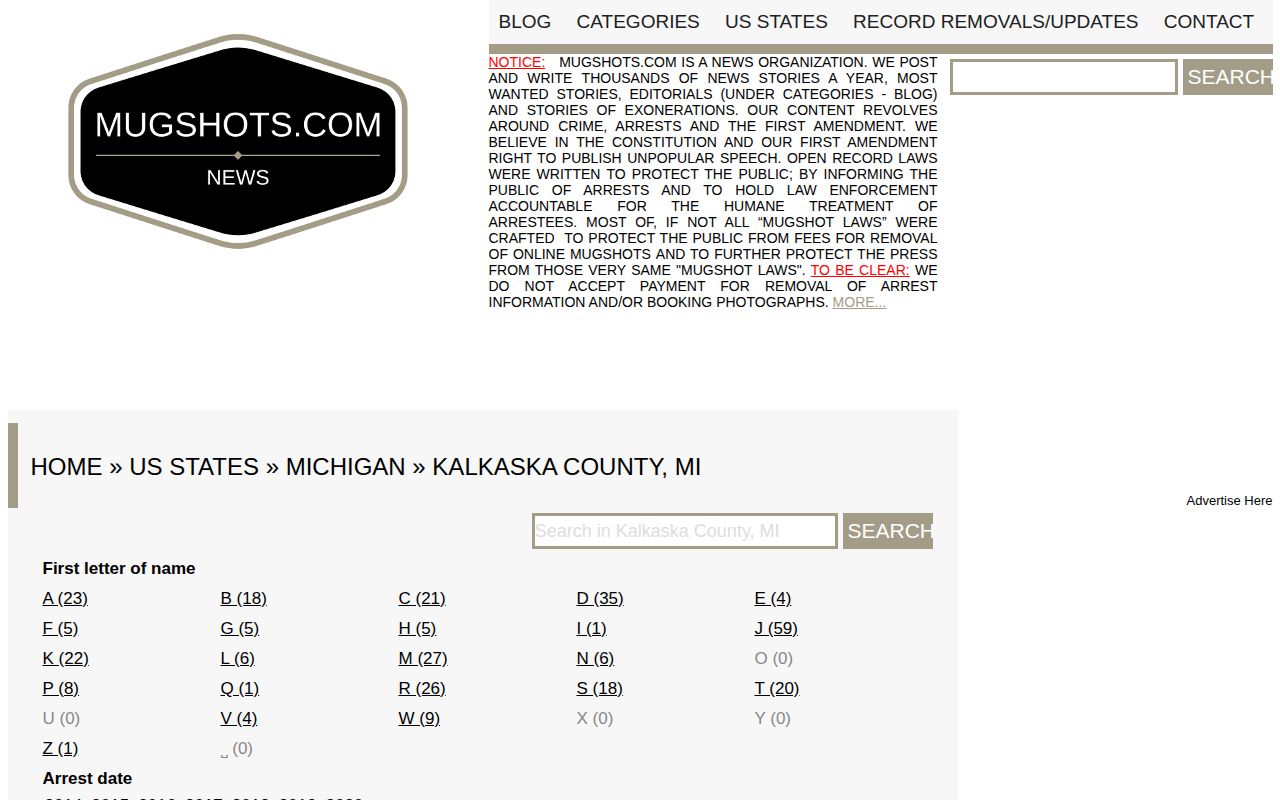Kalkaska County unofficial archived arrest record source requiring verification